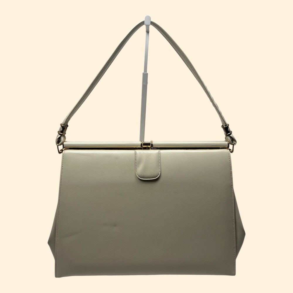 1960s Vintage Cream Faux Leather Handbag with Gold Frame and Comb Holder